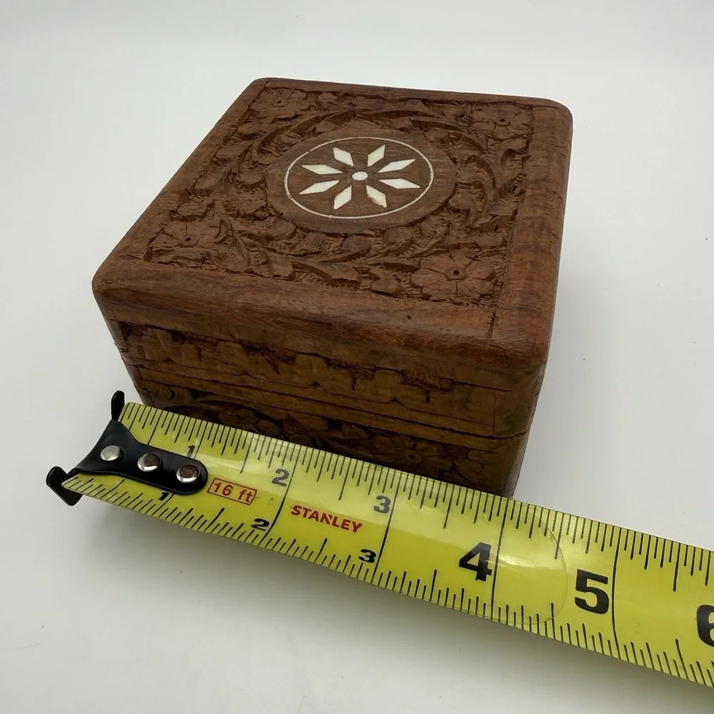 Vintage Wooden Trinket Box Jewelry Hinge Made in India Small Decor 4x4x2.5in